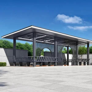 Home Modern Chinese Square Pavilion with Dark Metal Lattice and Round Arch