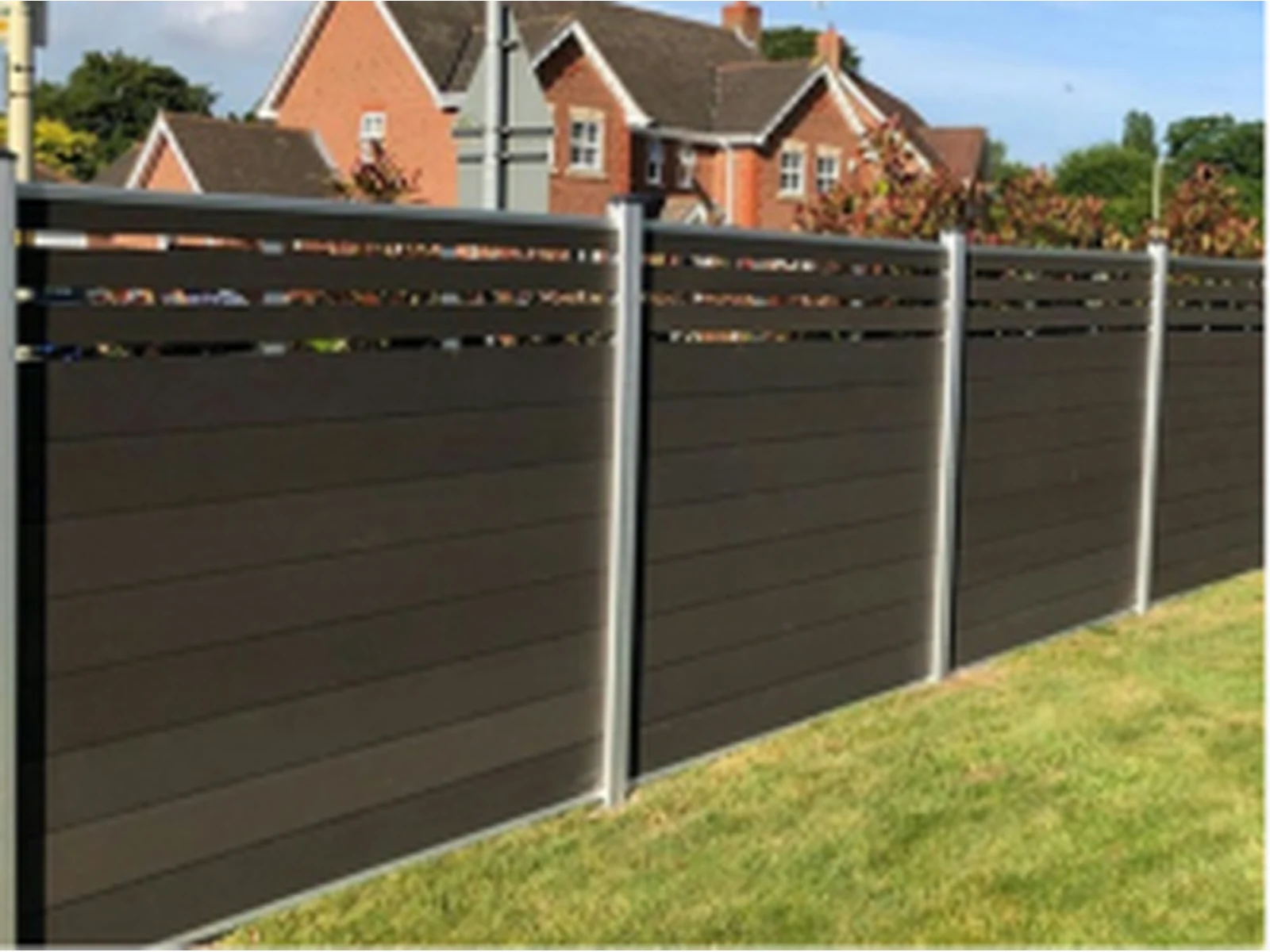 Modern Composite Privacy Fence with Dark Gray Horizontal Boards and Silver Posts-1 Modern Composite Privacy Fence with Dark Gray Horizontal Boards and Silver Posts