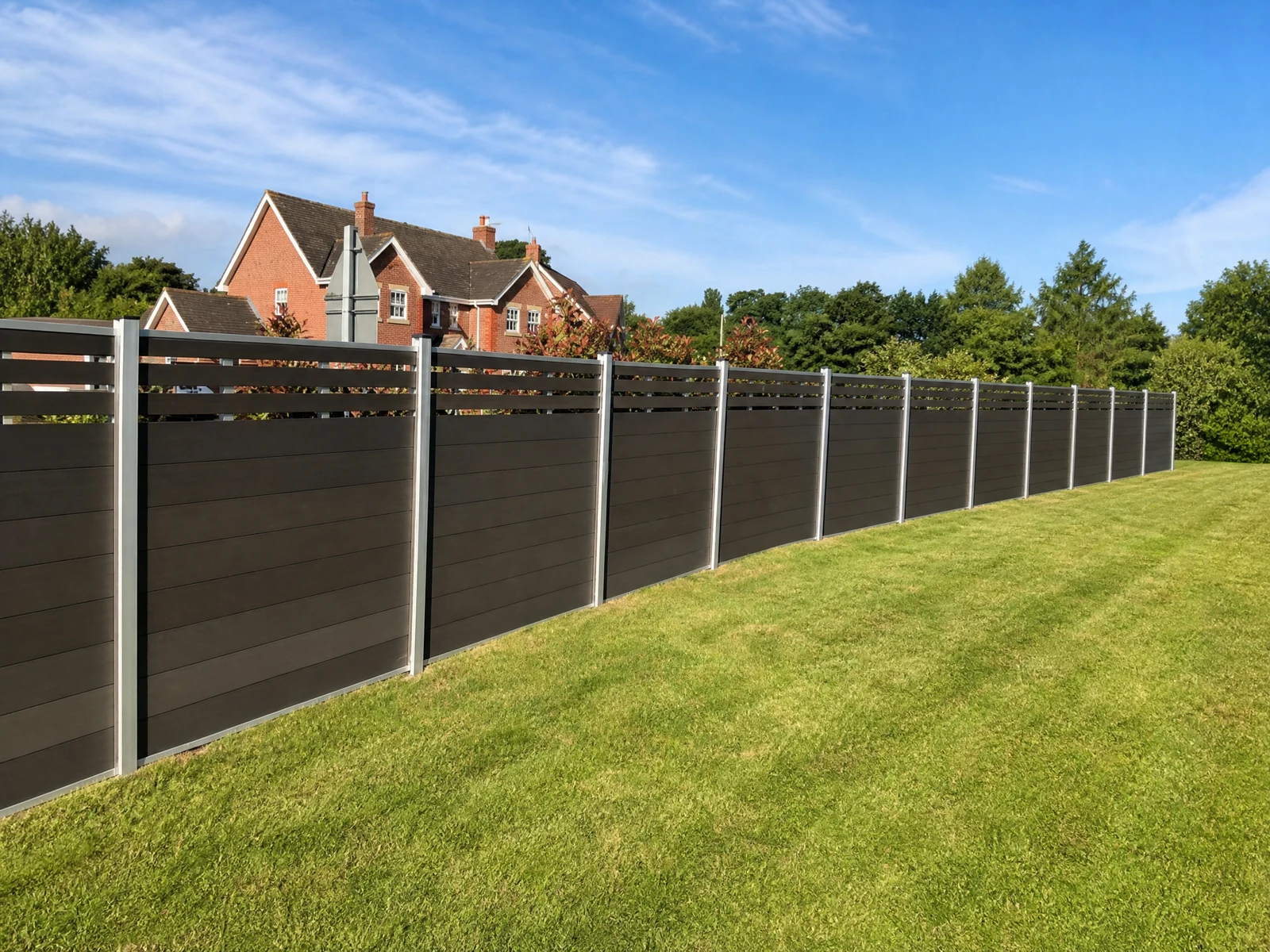 Modern Composite Privacy Fence with Dark Gray Horizontal Boards and Silver Posts Modern Composite Privacy Fence with Dark Gray Horizontal Boards and Silver Posts