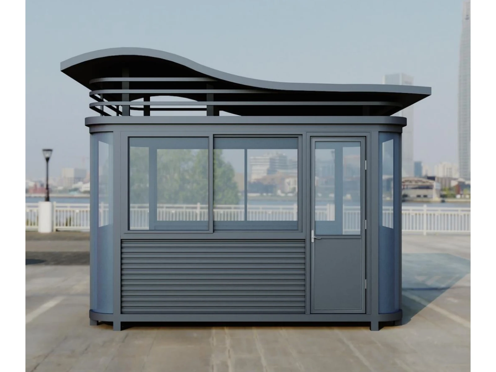 Modern Curved Roof Security Guard Booth with Dark Gray Steel Structure-1 Modern Curved Roof Security Guard Booth with Dark Gray Steel Structure