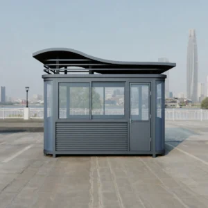 Modern Curved Roof Security Guard Booth with Dark Gray Steel Structure