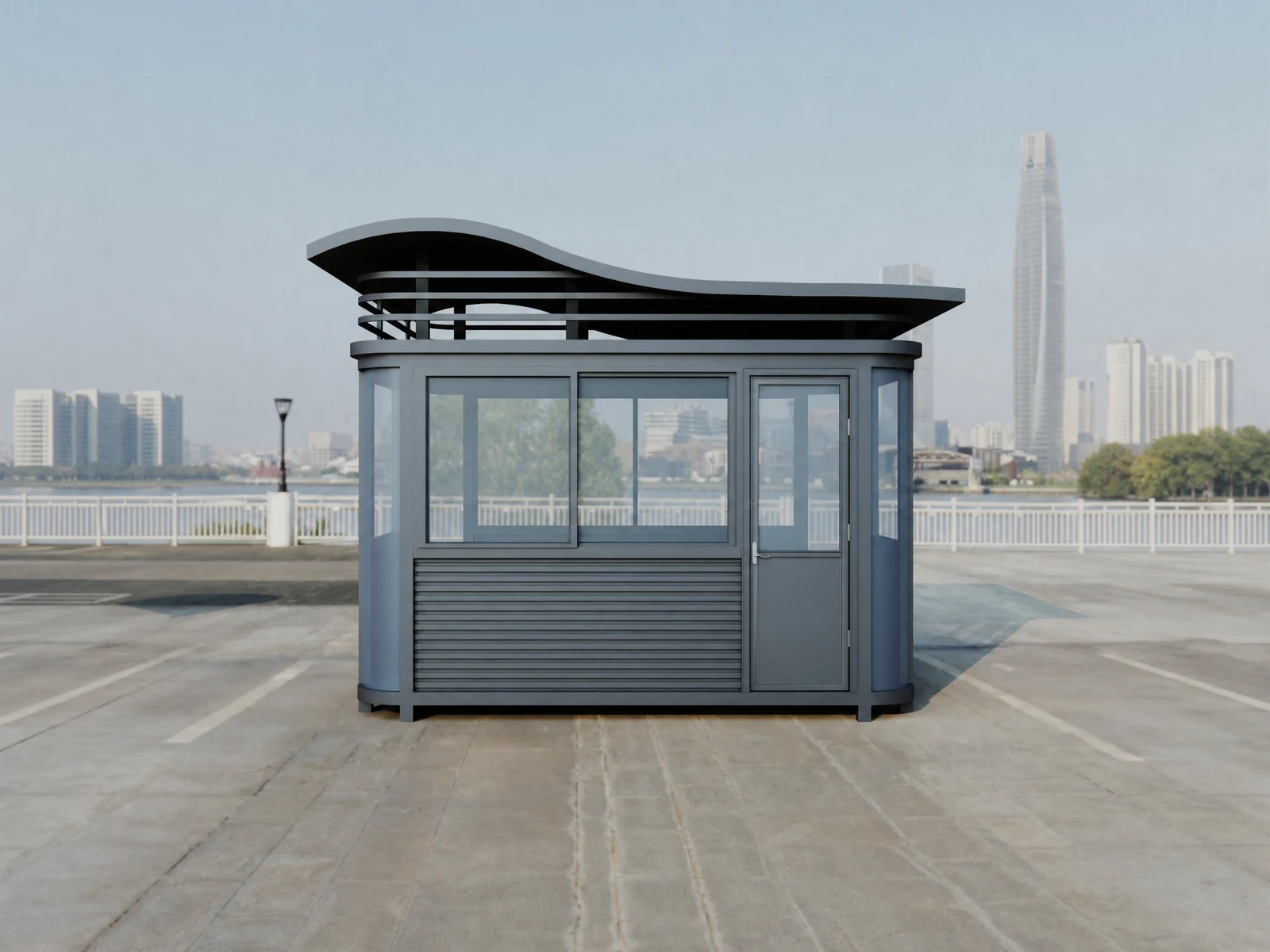 Modern Curved Roof Security Guard Booth with Dark Gray Steel Structure Modern Curved Roof Security Guard Booth with Dark Gray Steel Structure