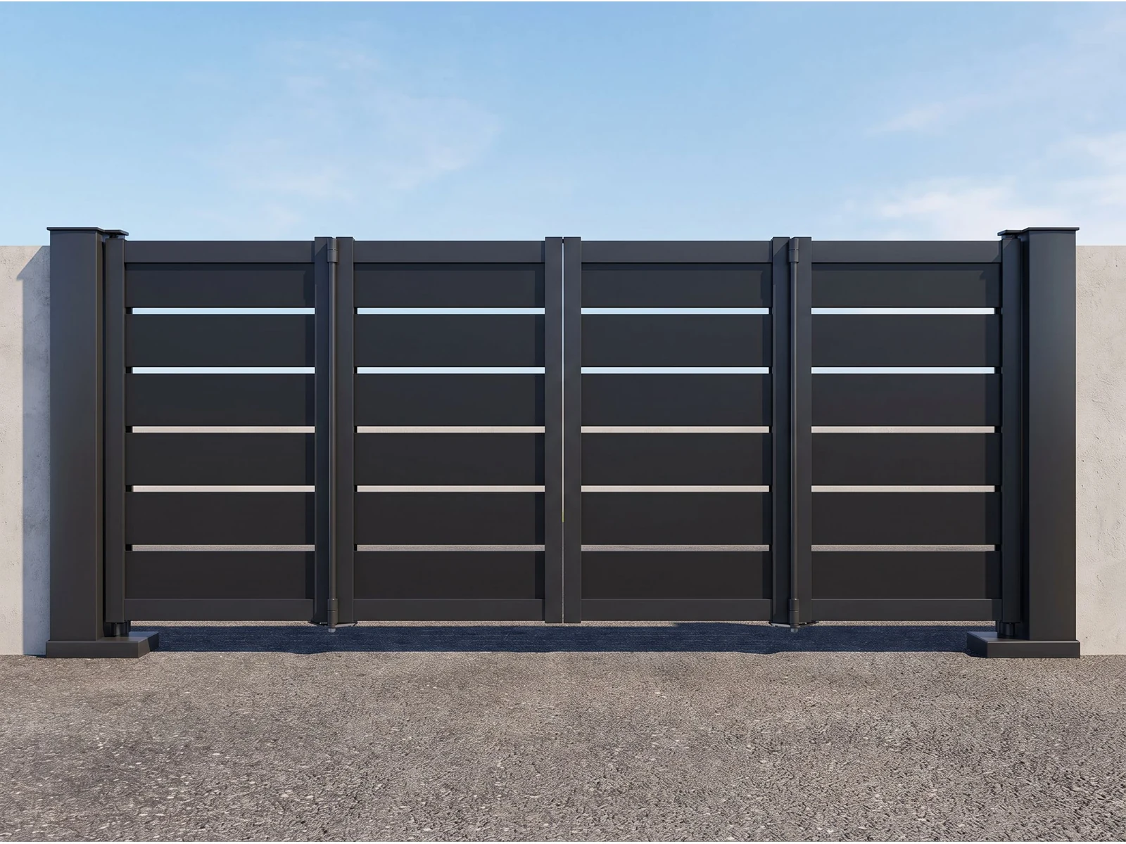 Modern Dark Blue Black Horizontal Slat Aluminum Cantilever Sliding Gate with Dual Pillars Modern Dark Blue Black Horizontal Slat Aluminum Cantilever Sliding Gate with Dual Pillars