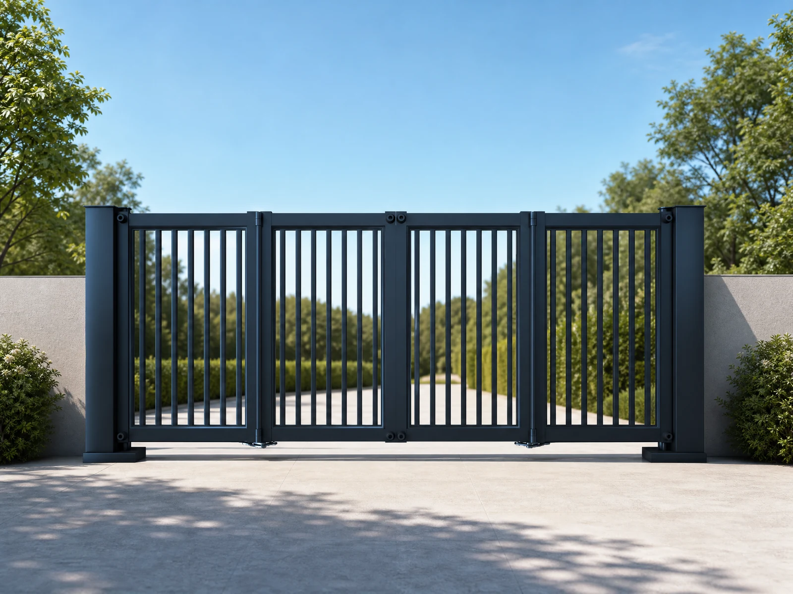 Modern Dark Blue Black Vertical Slat Aluminum Cantilever Sliding Gate with Dual Pillars Modern Dark Blue Black Vertical Slat Aluminum Cantilever Sliding Gate with Dual Pillars