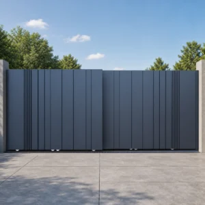 Modern Dark Blue Gray Vertical Panel Aluminum Bi-Folding Sliding Gate