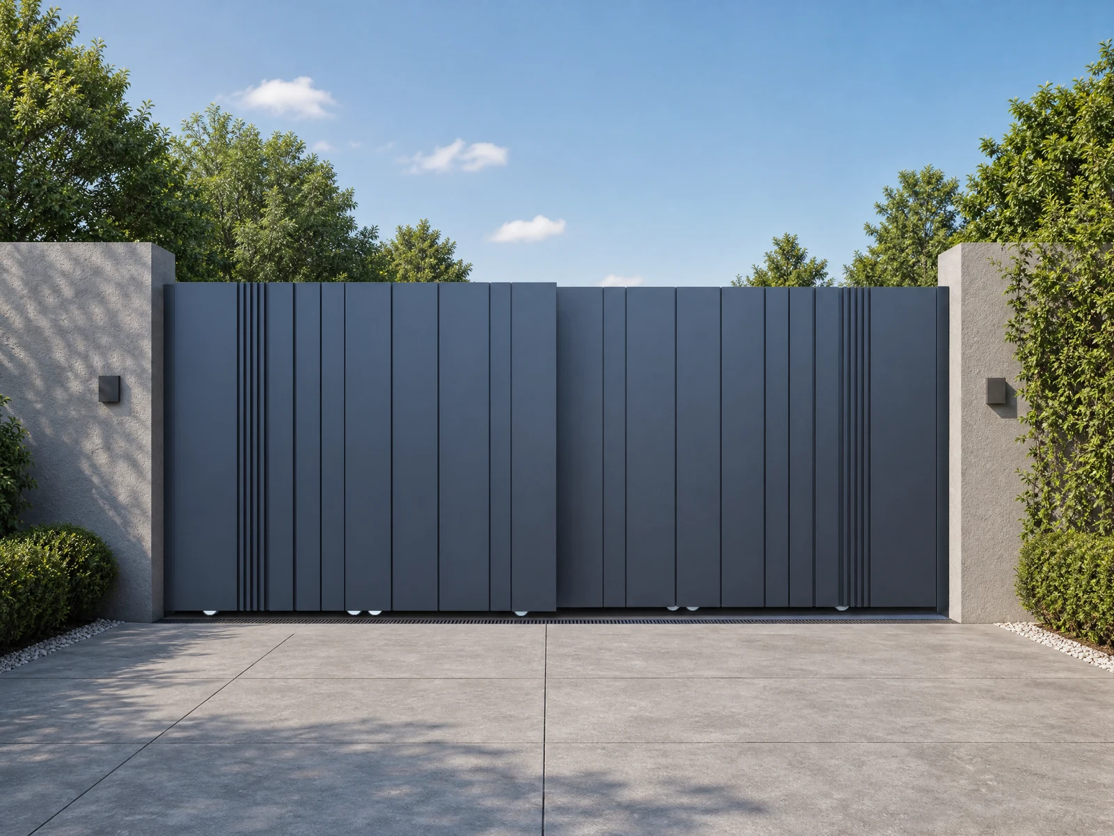 Modern Dark Blue Gray Vertical Panel Aluminum Bi-Folding Sliding Gate Modern Dark Blue Gray Vertical Panel Aluminum Bi-Folding Sliding Gate
