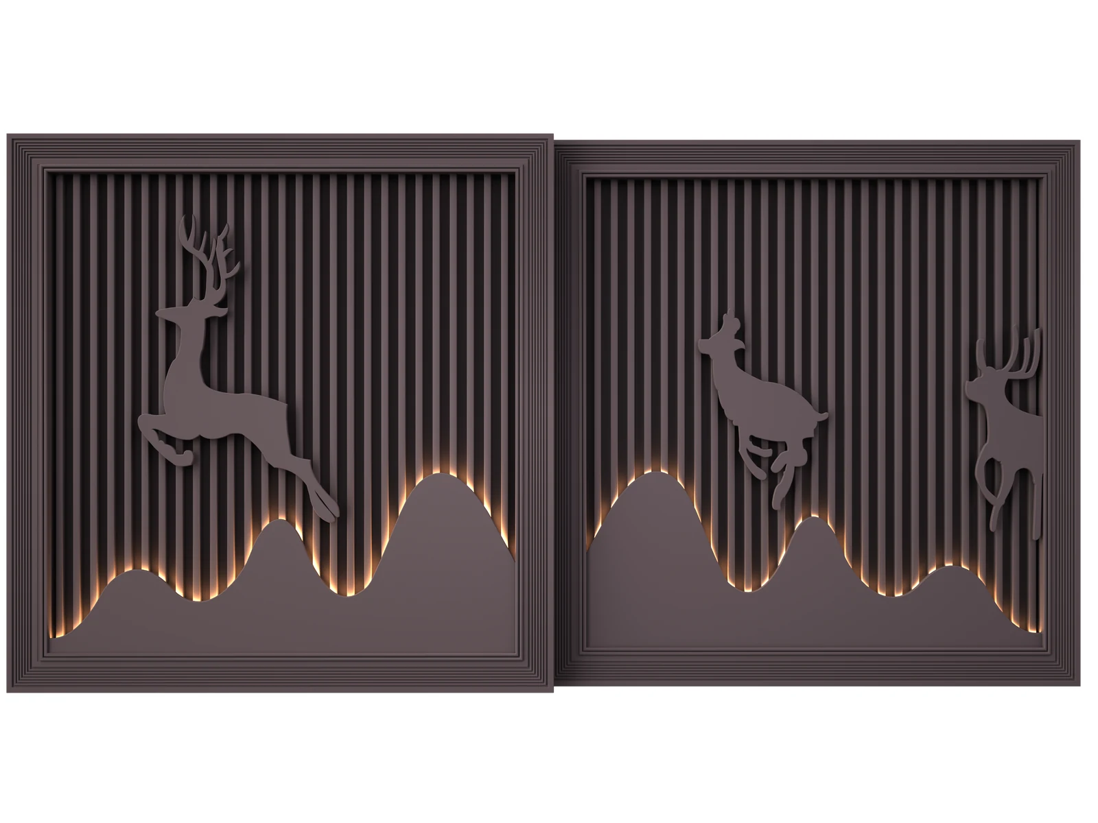 Modern Dark Coffee Vertical Grille Bi-Parting Sliding Gate with Deer Silhouette-1 Modern Dark Coffee Vertical Grille Bi-Parting Sliding Gate with Deer Silhouette