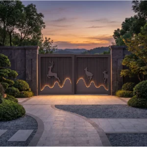Home Modern Dark Coffee Vertical Grille Bi-Parting Sliding Gate with Deer Silhouette