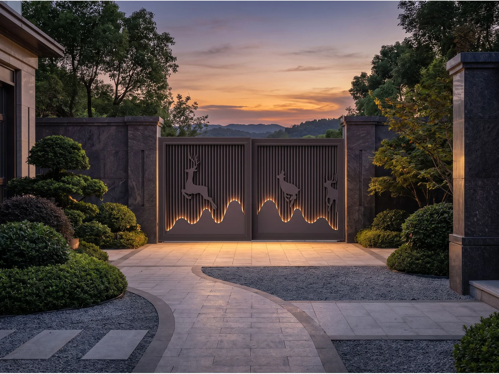Modern Dark Coffee Vertical Grille Bi-Parting Sliding Gate with Deer Silhouette Modern Dark Coffee Vertical Grille Bi-Parting Sliding Gate with Deer Silhouette