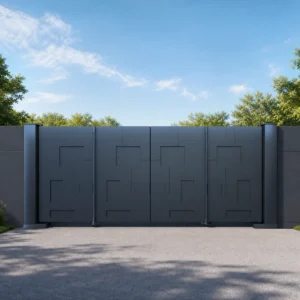 Modern Dark Gray Geometric Panel Aluminum Cantilever Sliding Gate with Dual Pillars