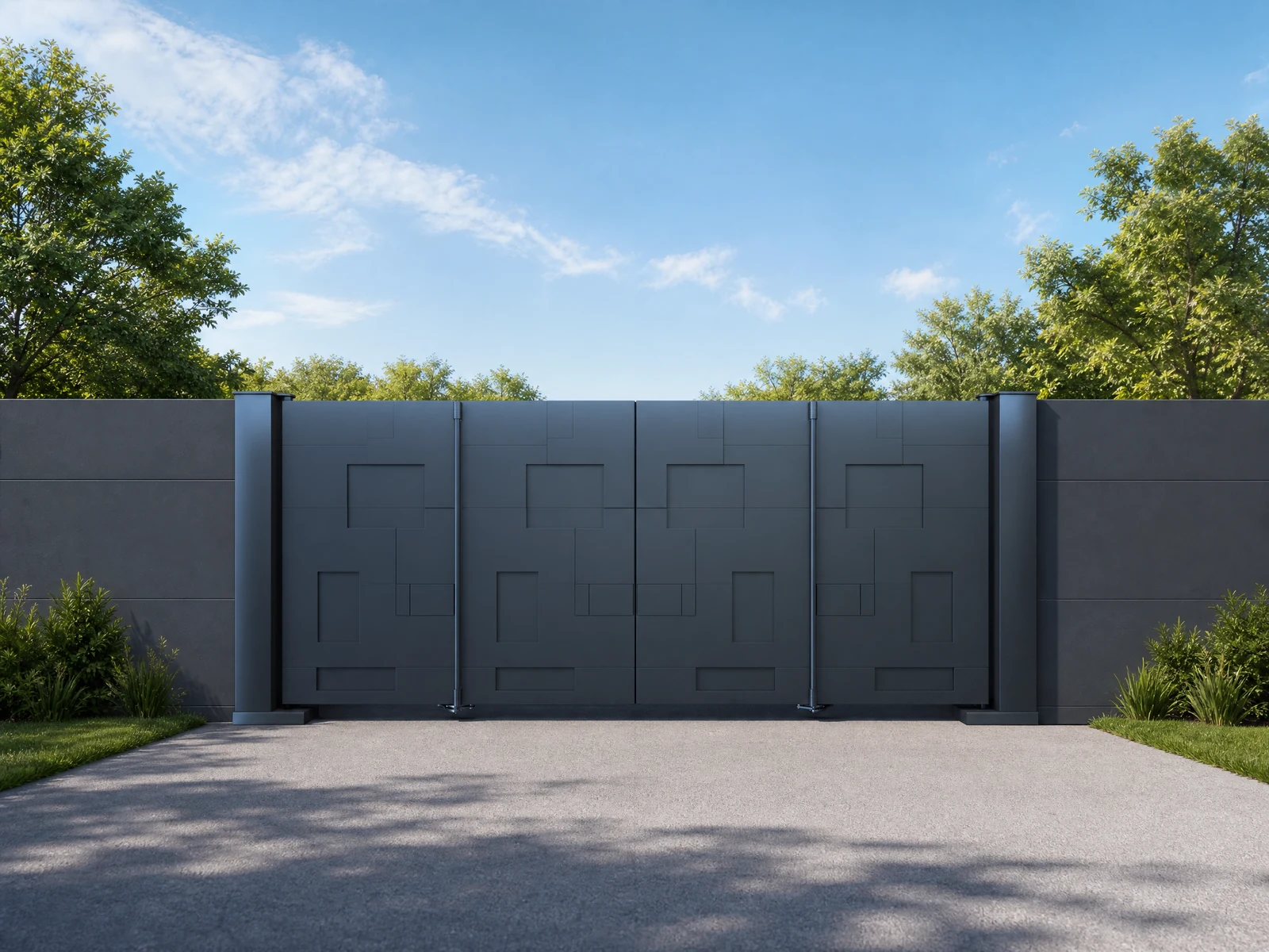 Modern Dark Gray Geometric Panel Aluminum Cantilever Sliding Gate with Dual Pillars Modern Dark Gray Geometric Panel Aluminum Cantilever Sliding Gate with Dual Pillars