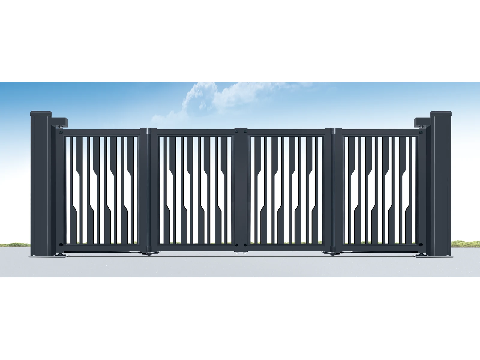 Modern Decorative Vertical Slat Aluminum Cantilever Sliding Gate with Dual Pillars-1 Modern Decorative Vertical Slat Aluminum Cantilever Sliding Gate with Dual Pillars