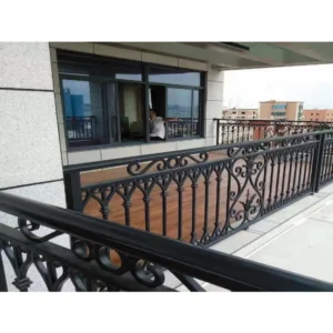 Modern European Wrought Iron Balcony Railing with Black Vertical Bars and Scroll Decoration