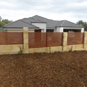 Modern Horizontal Slat Fence with Brown Red Panels and Stone Pillars