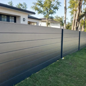 Modern Horizontal Slat Fence with Dark Gray Panels and Black Support Posts