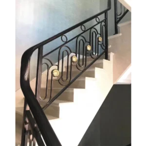 Modern Luxury Indoor Wrought Iron Stair Railing with Black Curved Design and Gold Accents