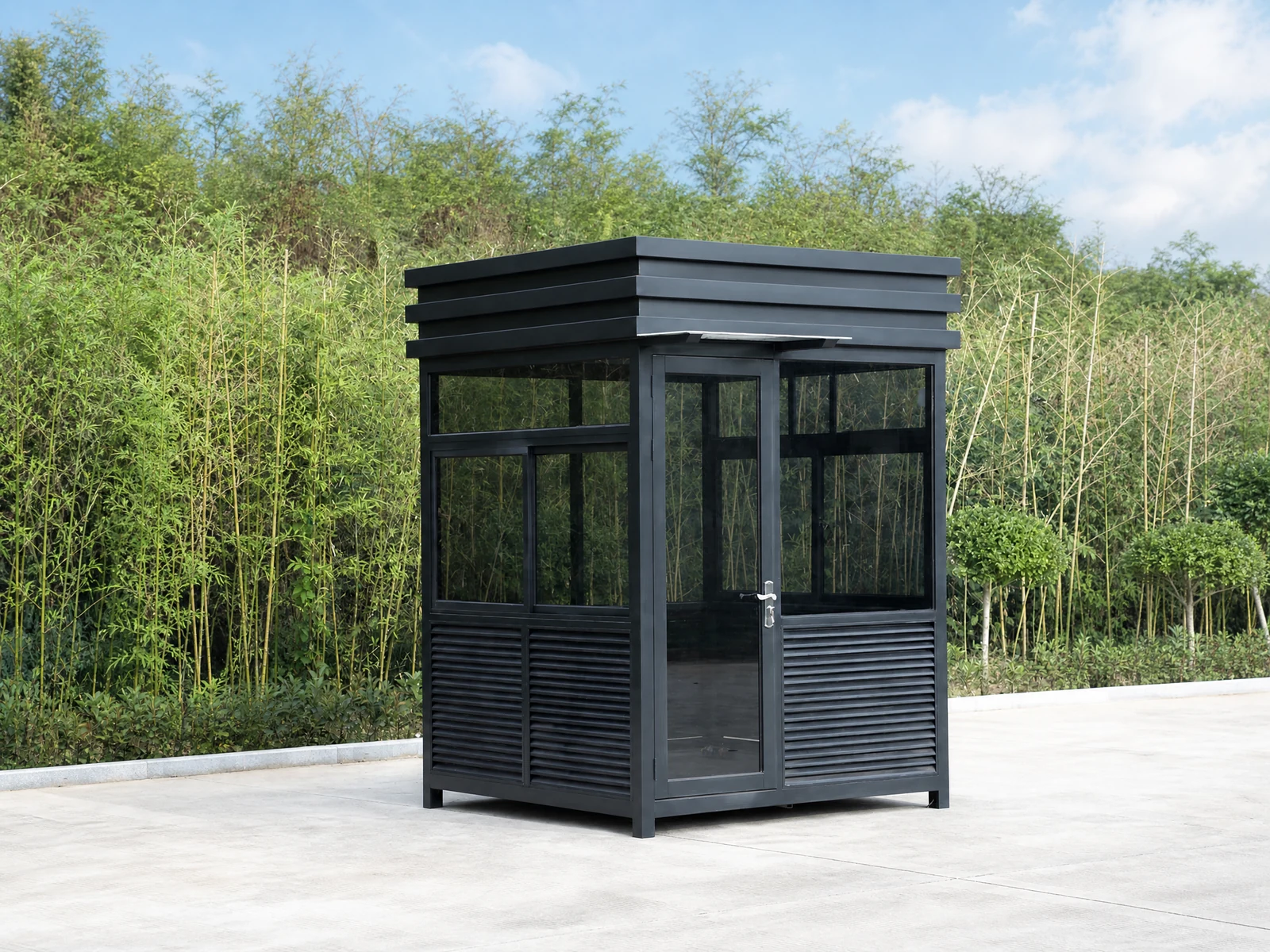 Modern Minimalist Glass Security Guard Booth with Black Steel Structure Modern Minimalist Glass Security Guard Booth with Black Steel Structure