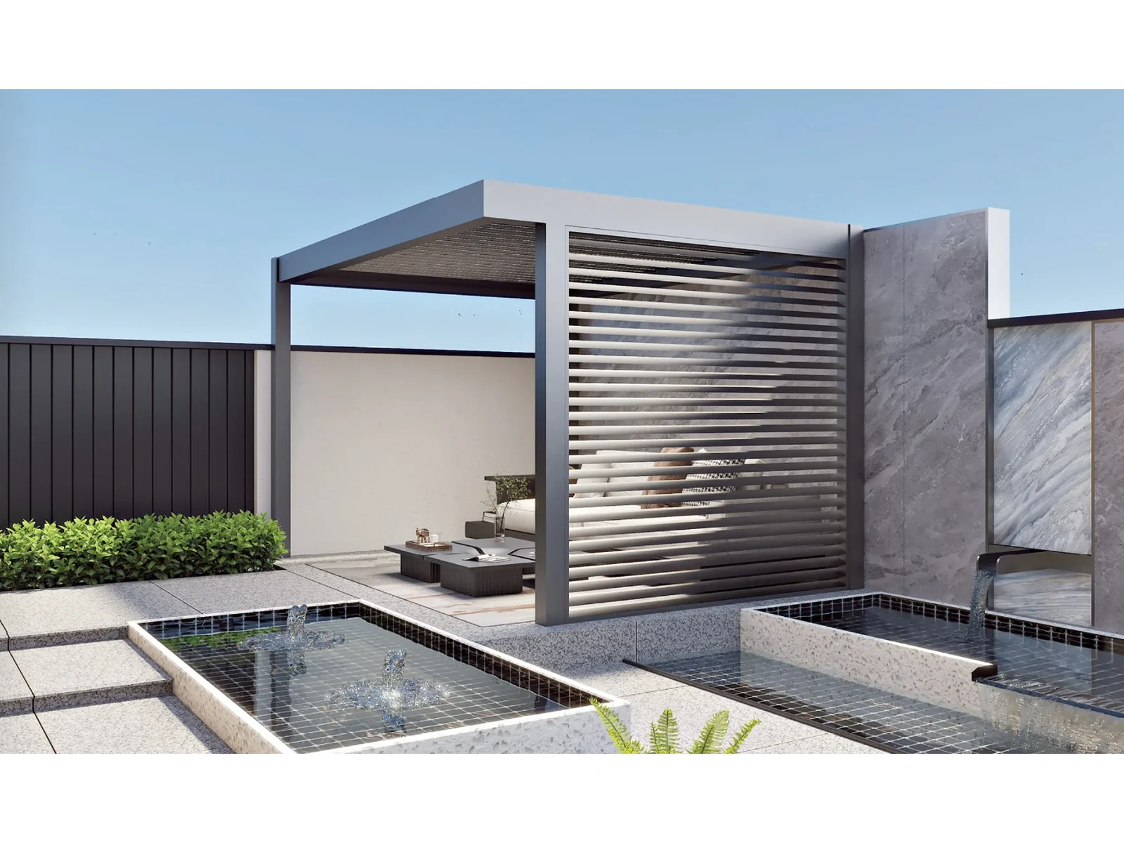 Modern Minimalist Metal Pergola with Horizontal Slat Privacy Screen-1 Modern Minimalist Metal Pergola with Horizontal Slat Privacy Screen