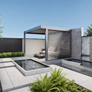 Home Modern Minimalist Metal Pergola with Horizontal Slat Privacy Screen