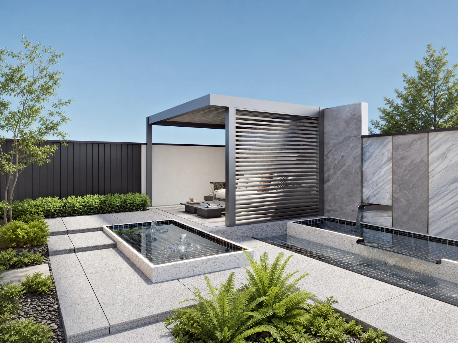 Modern Minimalist Metal Pergola with Horizontal Slat Privacy Screen Modern Minimalist Metal Pergola with Horizontal Slat Privacy Screen