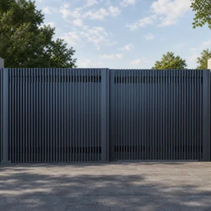 Modern Navy Blue Vertical Grille Bi-Parting Folding Sliding Gate