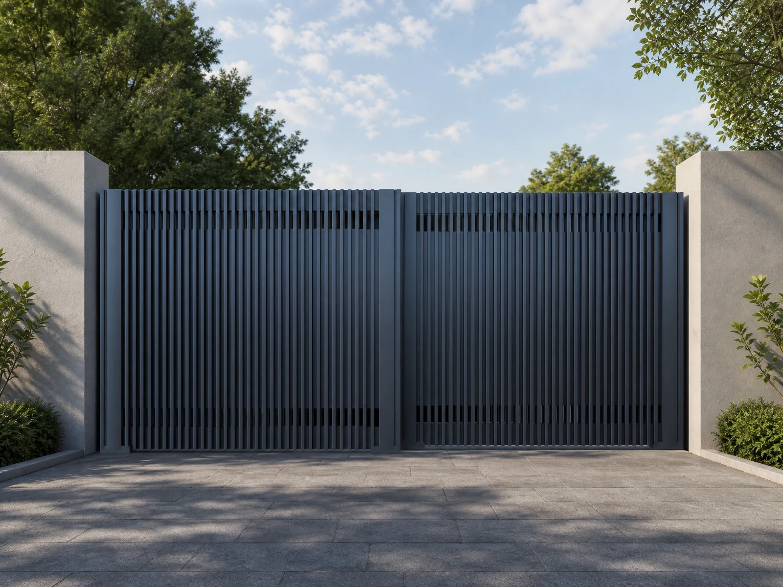 Modern Navy Blue Vertical Grille Bi-Parting Folding Sliding Gate Modern Navy Blue Vertical Grille Bi-Parting Folding Sliding Gate
