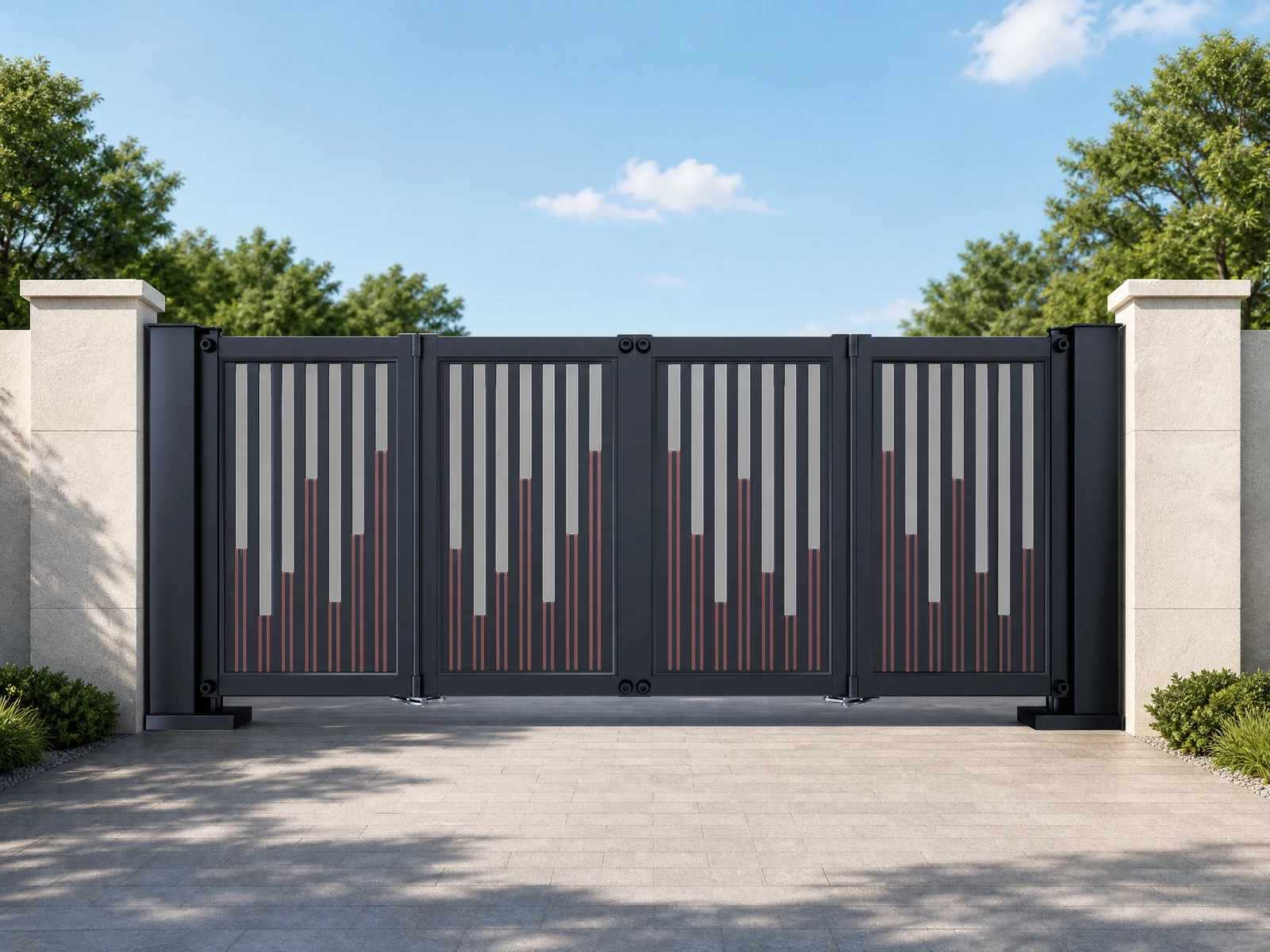 Modern Two-Tone Vertical Slat Aluminum Cantilever Sliding Gate with Dual Pillars Modern Two-Tone Vertical Slat Aluminum Cantilever Sliding Gate with Dual Pillars