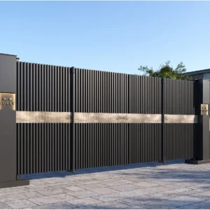 Home Modern Vertical Slat Aluminum Cantilever Sliding Gate with Dual Pillars and Stone-Look Accent Band