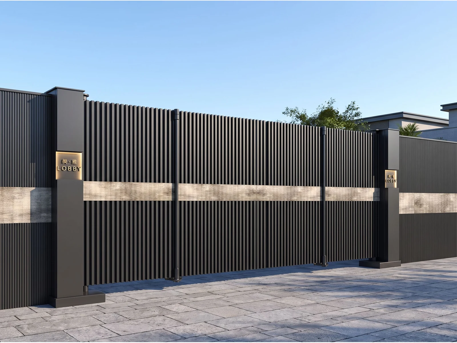 Modern Vertical Slat Aluminum Cantilever Sliding Gate with Dual Pillars and Stone-Look Accent Band Modern Vertical Slat Aluminum Cantilever Sliding Gate with Dual Pillars and Stone-Look Accent Band