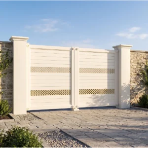Modern White Horizontal Slat Aluminum Cantilever Sliding Gate with Dual Pillars
