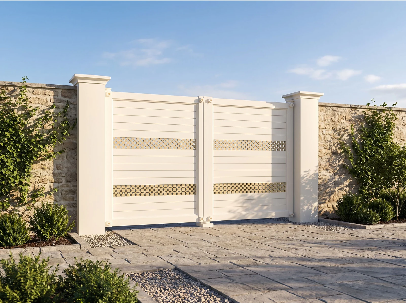Modern White Horizontal Slat Aluminum Cantilever Sliding Gate with Dual Pillars Modern White Horizontal Slat Aluminum Cantilever Sliding Gate with Dual Pillars