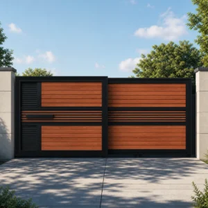 Red Brown Wood Grain Aluminum Folding Sliding Gate with Black Frame