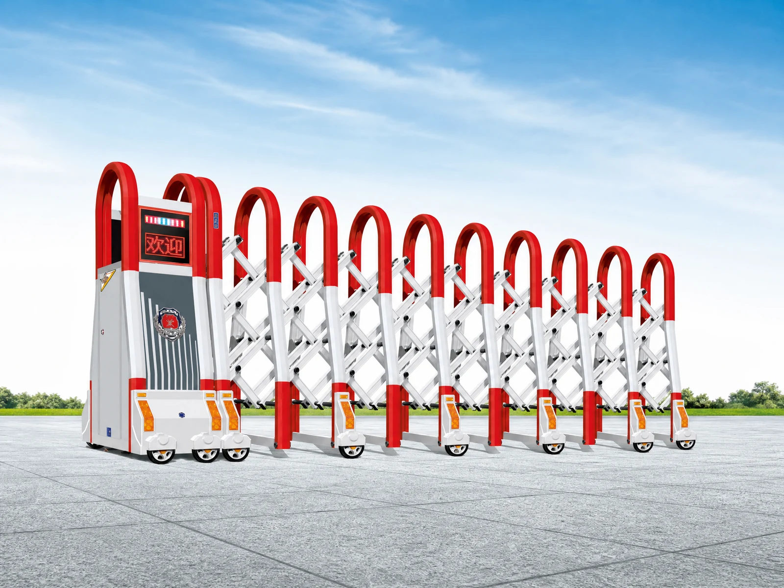 Red and White Truss Telescopic Industrial Gate Red and White Truss Telescopic Industrial Gate