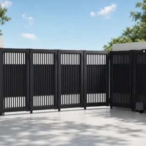 Semi-Private Vertical Slat Curved Track Turning Sliding Gate in Charcoal Black