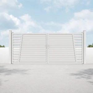 White Horizontal Double Swing Driveway Gate with Gradient Side Slat Decoration